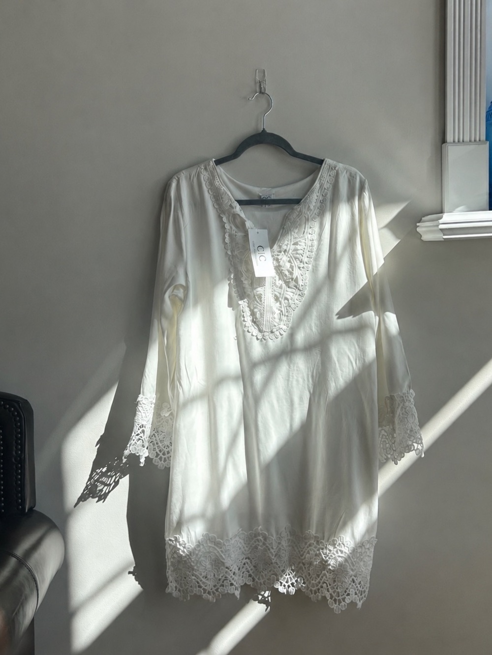 White midi summer dress with sleeves and lace trim